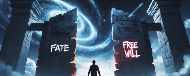 Eine Fantasy-Figur steht zwischen zwei leuchtenden Steintoren mit den Worten „Fate“ und „Free Will“, vor einem galaktischen Wirbel.