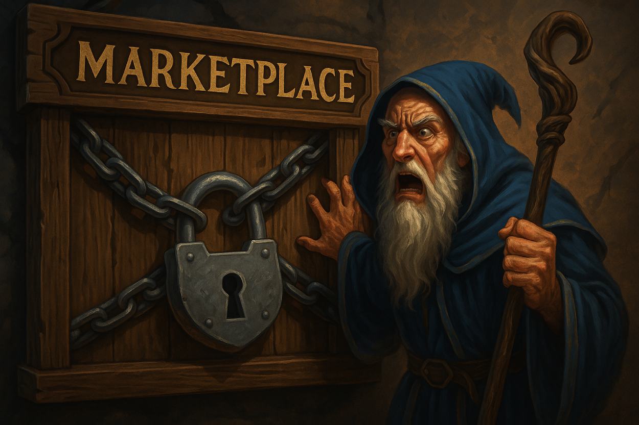 Fantasy-Händler vor verschlossener Tauschbörse – Paywall ersetzt Marktplatz