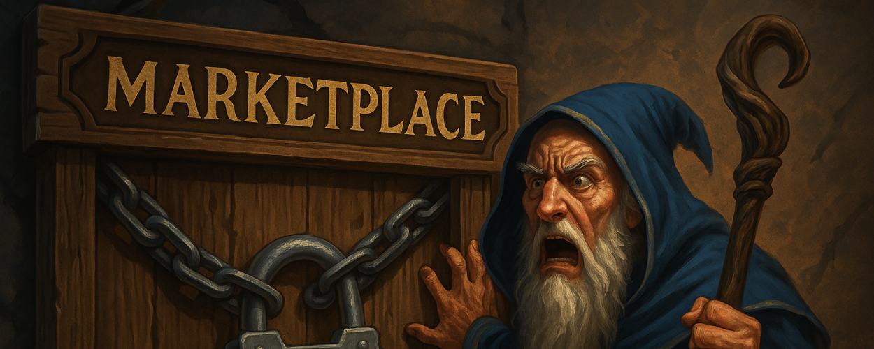 Fantasy-Händler vor verschlossener Tauschbörse – Paywall ersetzt Marktplatz