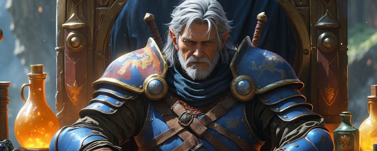 Ein alternder Krieger in Final-Fantasy-Rüstung sitzt auf einem Thron, umgeben von Tränken und alten Konsolen-Relikten. Er blickt ernst, sein Haar ist grau – Symbol für ein Franchise, das mit seinen Fans gemeinsam altert.