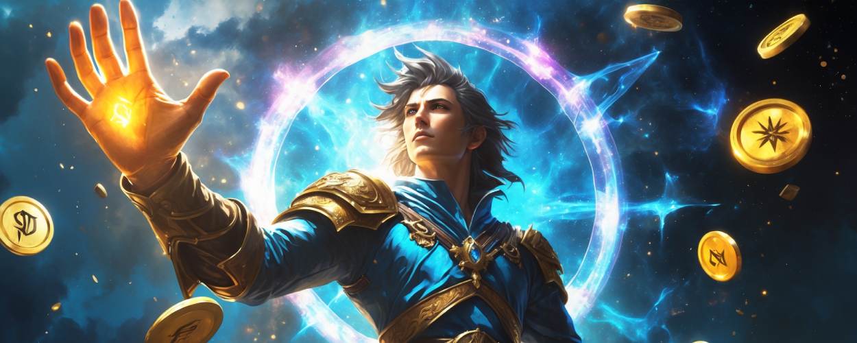 Ein epischer Zauberer in blauer Robe steht vor einem leuchtenden Portal aus Magie, während goldene Münzen mit Runen um ihn kreisen – Sinnbild für den rekordbrechenden Erfolg der Final-Fantasy-Magic-Karten.