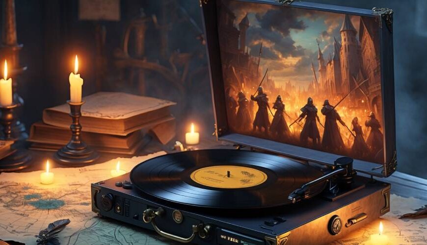 Stimmungsvolles Stillleben mit einem Fantasy-Schallplattenspieler, brennenden Kerzen, alten Karten und einem Vinyl-Cover, das eine epische Ritter-Schlacht zeigt – inspiriert von Final Fantasy Tactics.