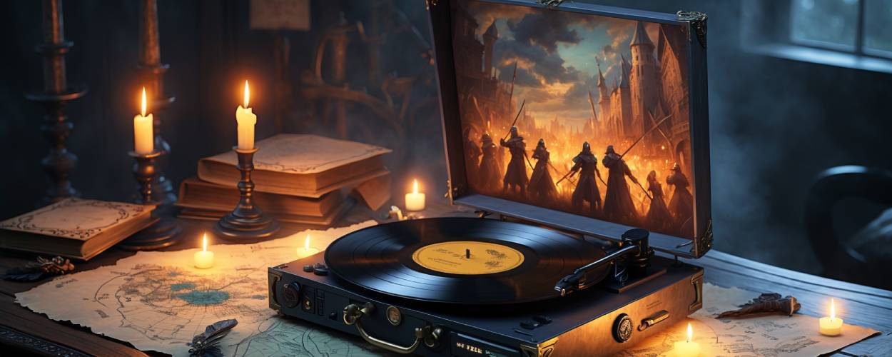 Stimmungsvolles Stillleben mit einem Fantasy-Schallplattenspieler, brennenden Kerzen, alten Karten und einem Vinyl-Cover, das eine epische Ritter-Schlacht zeigt – inspiriert von Final Fantasy Tactics.