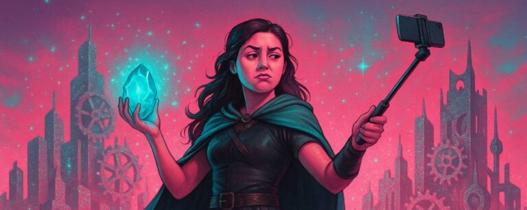 Satirisches Bannerbild zu A Forbidden Alchemy: Ein junger Teenager steht auf einem Kohleberg, vor ihm eine überinszenierte Fantasy-Stadt mit schwebenden Gebäuden, glühendem Edelstein und einem affektiert dramatischen Himmel – Symbolbild für überambitionierte Coming-of-Age-Fantasy mit Klassengesellschaft.