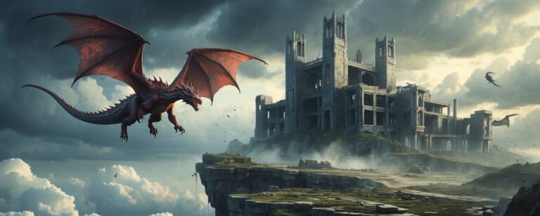 Ein roter Drache fliegt von einer halbverlassenen Kriegsschule auf einer schwebenden Klippe davon – Symbol für Amazons Fourth Wing, das vor dem Serienstart seine Showrunnerin verliert.