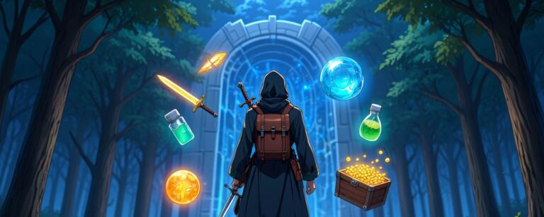 Ein Anime-Abenteurer mit Kapuze steht vor einem magischen Portal, umgeben von schwebenden Items wie Trank, Schwert, Münzen und Schatzkiste – Symbol für den Start seiner isekai-typischen Loot-Reise.