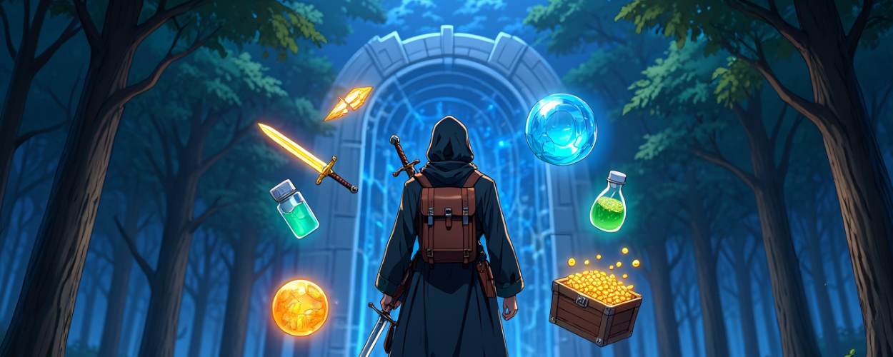 Ein Anime-Abenteurer mit Kapuze steht vor einem magischen Portal, umgeben von schwebenden Items wie Trank, Schwert, Münzen und Schatzkiste – Symbol für den Start seiner isekai-typischen Loot-Reise.