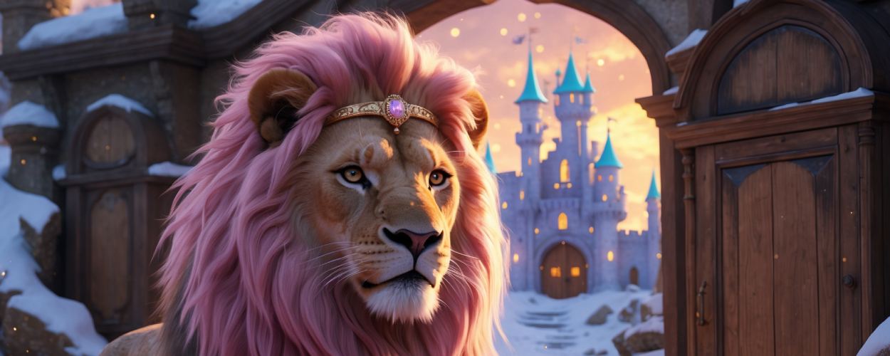 Ein majestätischer Löwe mit leicht pinkem Schimmer im Fell, steht in einer verschneiten Landschaft vor einem antiken Kleiderschrank. Im Hintergrund leuchtet eine goldene Sonne über einem leicht ironisch wirkenden Schloss Narnia.
