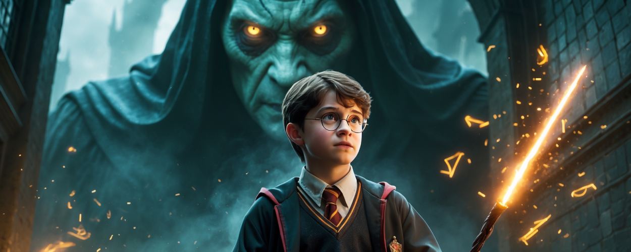 Dominic McLaughlin als neuer Harry Potter in der HBO-Serie, stehend mit Zauberstab in einem düsteren Hogwarts-Korridor – offizielles erstes Bild des Reboots.
