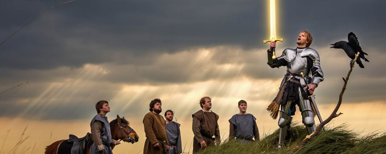 Ein junger, überforderter Paladin reckt ein übergroßes, leuchtendes Schwert gen Himmel, während ein sarkastisch dreinblickender Rabe auf einem Ast neben ihm sitzt. Um ihn herum schauen verdutzte Dörfler und ein müder Gaul zu, während dramatisches Licht durch dunkle Wolken bricht – die ganze Szene wirkt wie eine überinszenierte Fantasy-Quest, die kurz vor dem Nervenzusammenbruch steht.