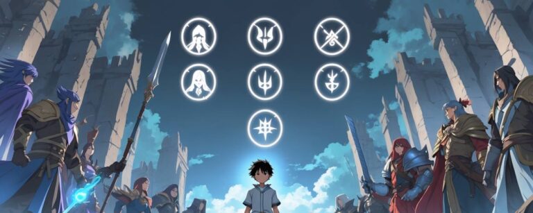 Ein junger Anime-Held steht ohne sichtbare Klasse zwischen Kriegern, Magiern und Schwertkämpfern. Über ihm ausgegraute Klassensymbole – Symbolbild für HIDIVEs neuen Fantasy-Anime.