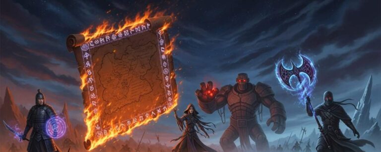 Eine brennende Karte mit magischen Runen schwebt über einem Schlachtfeld der Epochen – flankiert von einem Ming-Krieger, einer Hexe, einem Golem und einem dunklen Axtkämpfer.
