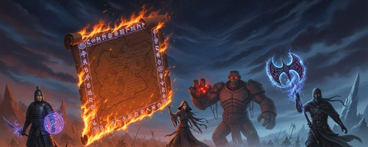 Eine brennende Karte mit magischen Runen schwebt über einem Schlachtfeld der Epochen – flankiert von einem Ming-Krieger, einer Hexe, einem Golem und einem dunklen Axtkämpfer.