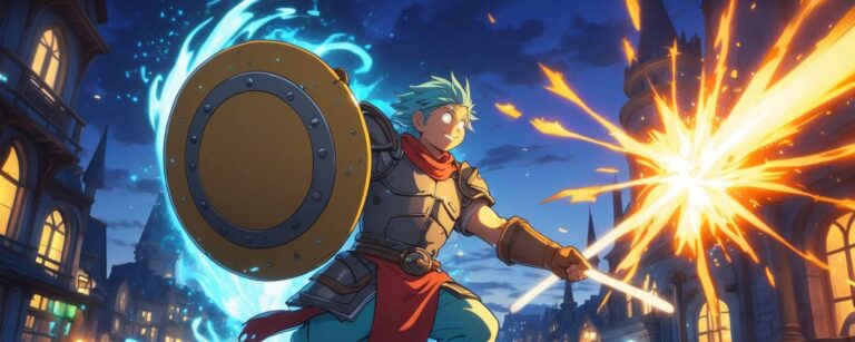 Szene aus dem Anime I Parry Everything: Noor blockt mit seinem Schild einen magischen Angriff vor nächtlicher Fantasy-Kulisse.