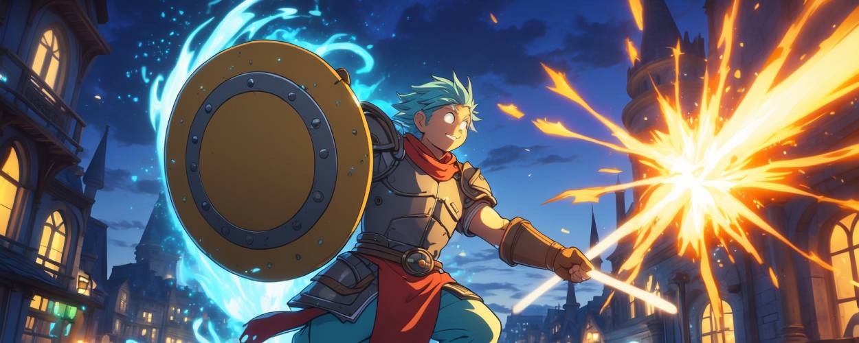 Szene aus dem Anime I Parry Everything: Noor blockt mit seinem Schild einen magischen Angriff vor nächtlicher Fantasy-Kulisse.
