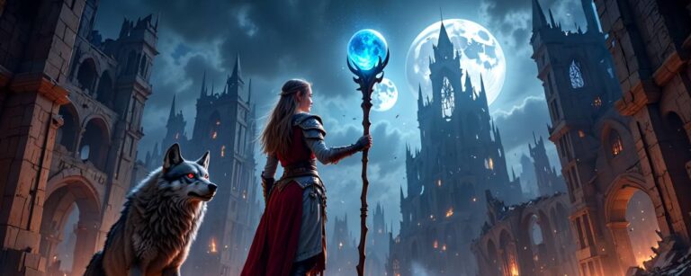 Fantasy-Hexe mit rotem Umhang und glühendem Schwert in digitaler Wüstenlandschaft, inspiriert von In The Lost Lands.