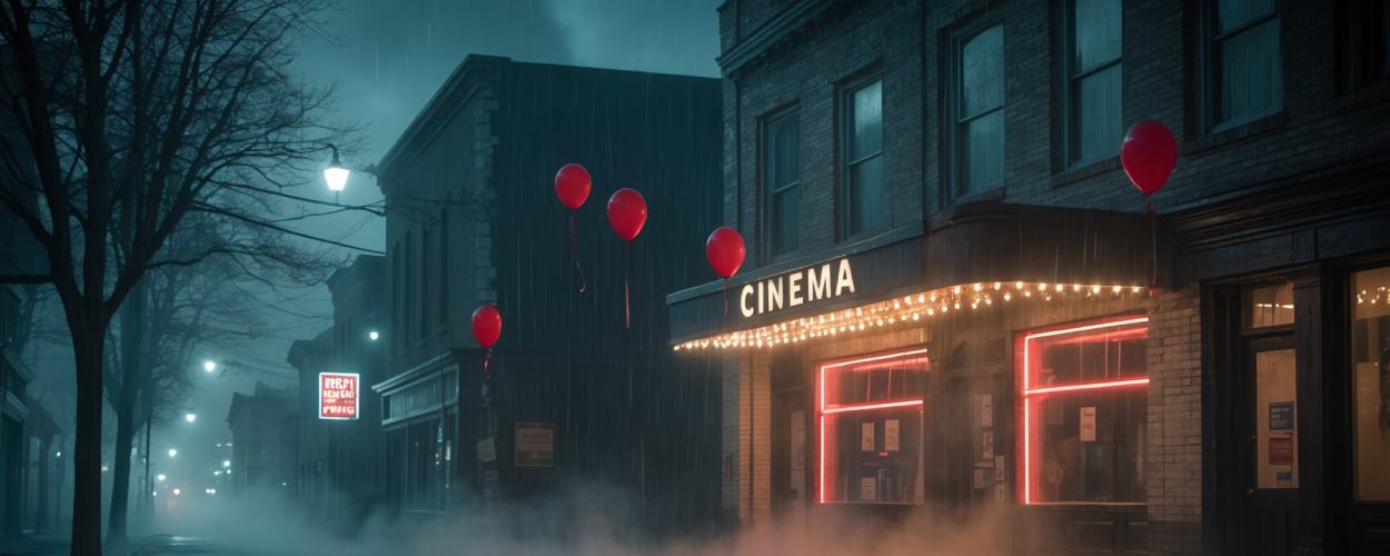 Verlassene Straße im nächtlichen Derry, 1960er-Jahre: ein altes Kino mit rotem Neonlicht, davor schweben unheilvoll rote Ballons im Regen – ein Vorbote für Pennywise’ Rückkehr.