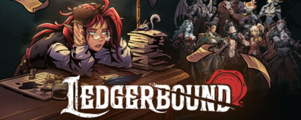 Digitale Covergrafik des satirischen Fantasy-RPGs „Ledgerbound“, zeigt eine bürokratische Heldenfigur mit Aktentasche vor einem magisch-bürohaften Hintergrund, Steam-Release geplant.