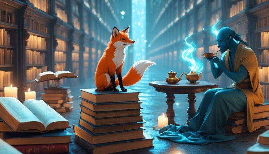Ein Fuchsgeist sitzt auf einem Stapel alter Bücher in einer unendlich großen Bibliothek. Gegenüber trinkt ein blauer Jinni mit Leuchtflammen aus einer Teeschale. Um sie herum schweben Bücher und flackern Kerzen – literarische Fantasy in vollendeter Symbolik.