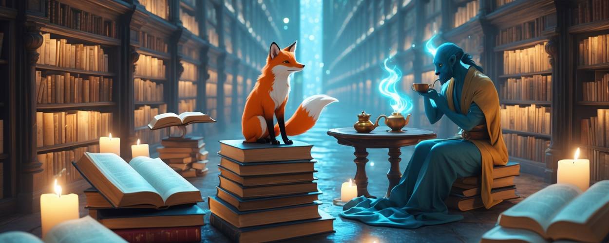 Ein Fuchsgeist sitzt auf einem Stapel alter Bücher in einer unendlich großen Bibliothek. Gegenüber trinkt ein blauer Jinni mit Leuchtflammen aus einer Teeschale. Um sie herum schweben Bücher und flackern Kerzen – literarische Fantasy in vollendeter Symbolik.
