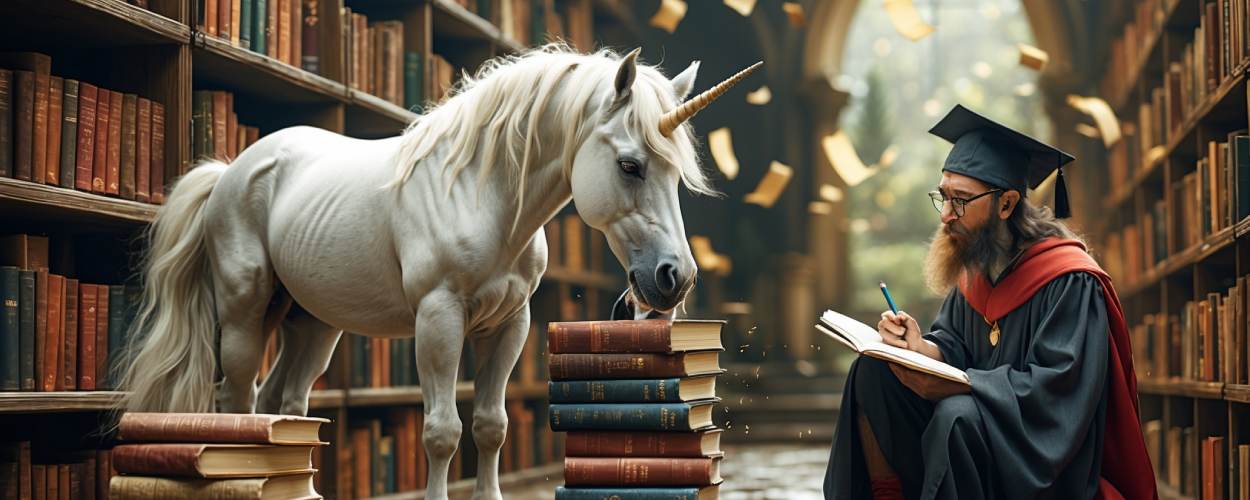 Ein genervtes Einhorn steht inmitten einer Bibliothek neben einem Stapel schwerer Fantasy-Studienbücher, während ein zerzauster Professor im Talar sich Notizen macht – literarischer Ernst trifft magisches Desinteresse.