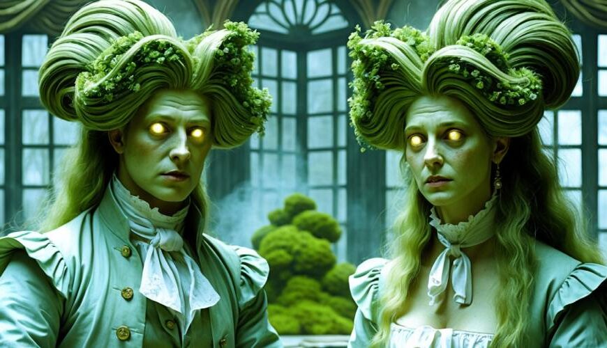 Ein barockes Porträt eines Paares mit moosbewachsenen Hochperücken. Beide Figuren tragen 18. Jh.-Kleidung, ihre Augen leuchten unnatürlich. Der Hintergrund zeigt ein überwuchertes Fenster mit Pilzbewuchs. Die Szene wirkt geheimnisvoll und übernatürlich.