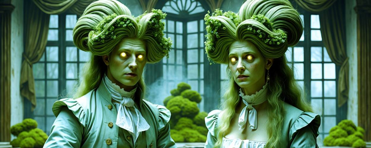 Ein barockes Porträt eines Paares mit moosbewachsenen Hochperücken. Beide Figuren tragen 18. Jh.-Kleidung, ihre Augen leuchten unnatürlich. Der Hintergrund zeigt ein überwuchertes Fenster mit Pilzbewuchs. Die Szene wirkt geheimnisvoll und übernatürlich.