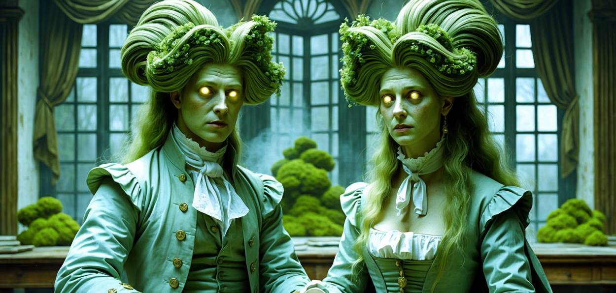 Ein barockes Porträt eines Paares mit moosbewachsenen Hochperücken. Beide Figuren tragen 18. Jh.-Kleidung, ihre Augen leuchten unnatürlich. Der Hintergrund zeigt ein überwuchertes Fenster mit Pilzbewuchs. Die Szene wirkt geheimnisvoll und übernatürlich.