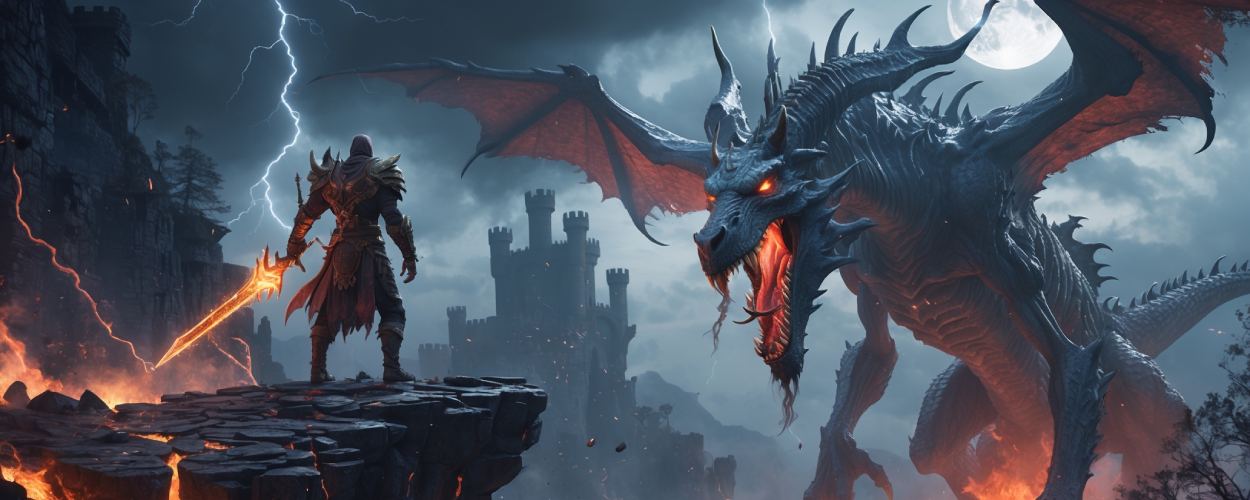 Ein epischer Fantasy-Krieger mit flammendem Schwert steht auf einer zerklüfteten Felsklippe über flüssiger Lava. Ihm gegenüber erhebt sich ein gigantischer, feueräugiger Drache mit ausgebreiteten Schwingen. Im Hintergrund: eine düstere Burg vor donnerndem Himmel, Blitze zucken, Wölfe patrouillieren zwischen brennenden Bäumen. Die Szene wirkt wie das Finale eines Weltuntergangs.