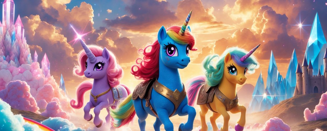 Drei quietschbunte, glitzernde Einhörner mit riesigen Anime-Augen galoppieren dramatisch durch eine pastellfarbene Zuckerlandschaft mit Kristallbergen, Regenbogen und einem Schloss aus Eiscremewolken – wie ein Fantasyfilm auf LSD.