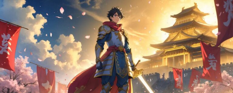 Anime-Prinz in goldverzierter Rüstung steht siegreich vor einem leuchtenden Palast, während Kirschblüten und rote Banner im Wind wehen.