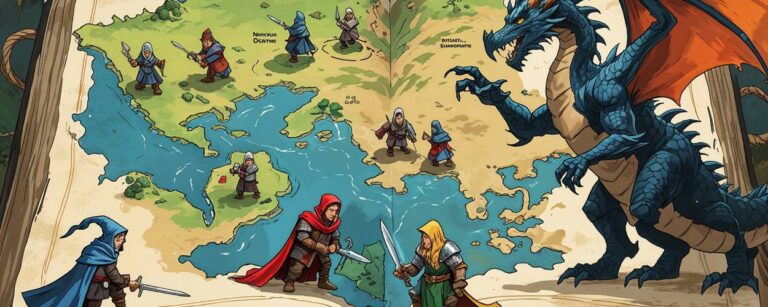 Satirisches Fantasybild: Ein aufgeschlagenes Buch mit Landkarte, über die kleine Ritter, Magier und ein riesiger Drache laufen – Parodie auf Open-World-Games in Buchform.