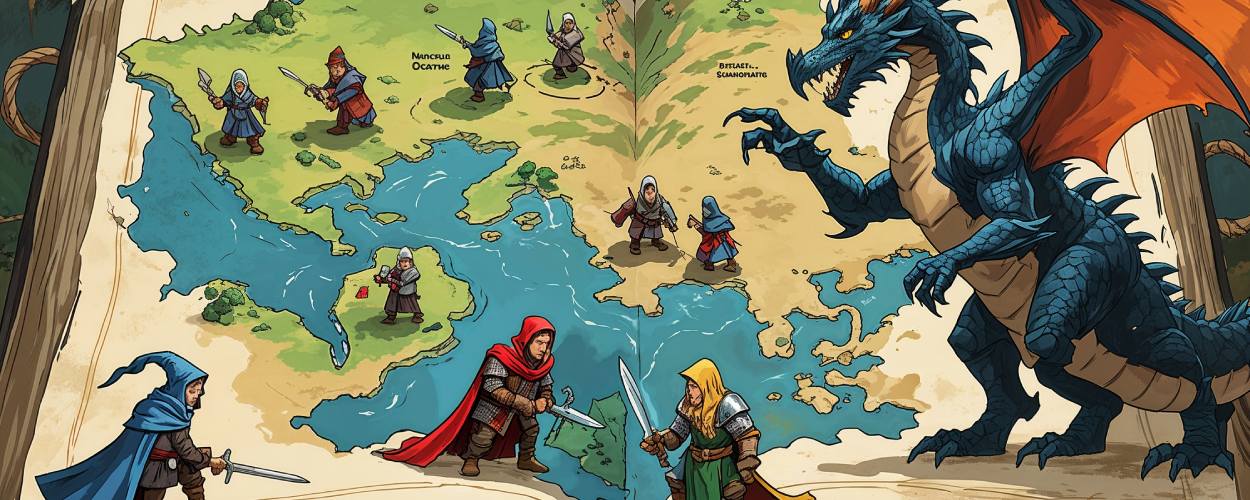 Satirisches Fantasybild: Ein aufgeschlagenes Buch mit Landkarte, über die kleine Ritter, Magier und ein riesiger Drache laufen – Parodie auf Open-World-Games in Buchform.
