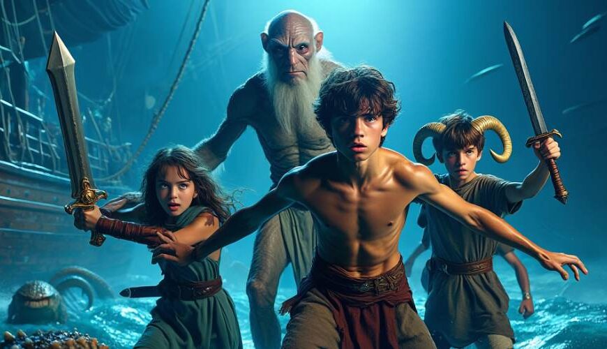 Percy Jackson und seine Gefährten stehen bewaffnet auf einem magischen Schiff im tobenden Ozean, bereit zum Kampf gegen Tentakel-Monster. Hinter ihnen wacht ein sanftmütiger Zyklop über die Gruppe.