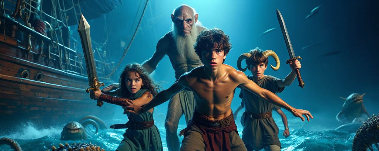 Percy Jackson und seine Gefährten stehen bewaffnet auf einem magischen Schiff im tobenden Ozean, bereit zum Kampf gegen Tentakel-Monster. Hinter ihnen wacht ein sanftmütiger Zyklop über die Gruppe.