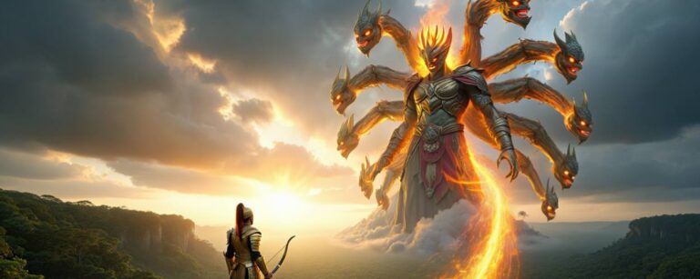 Epischer Fantasy-Showdown bei Sonnenuntergang: Rama steht mit Bogen auf einer Klippe, während der dämonische Ravana mit neun flammenden Köpfen aus den Wolken emporsteigt.