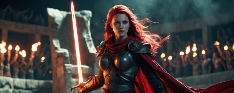 Fantasy-Kriegerin Red Sonja mit rotem Umhang und Schwert in düsterer Arena – offizielles Remake 2025“