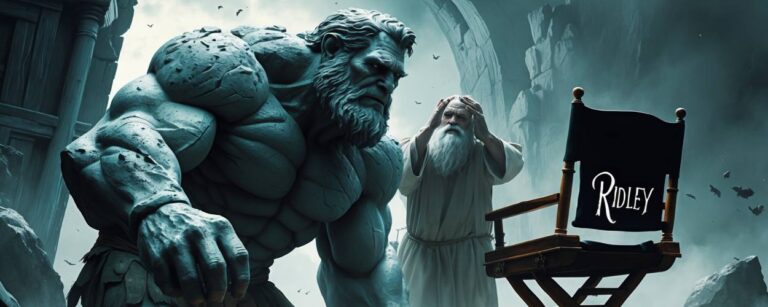 Ein gigantischer Felsenriese und ein verzweifelter biblischer Prophet, während ein leerer Regiestuhl mit „Ridley“ im Vordergrund steht – Sinnbild für Scotts Kritik an Fantasy-Elementen in Noah.