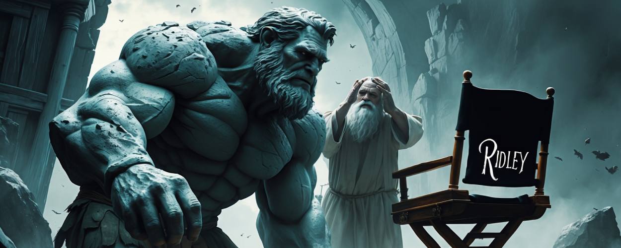 Ein gigantischer Felsenriese und ein verzweifelter biblischer Prophet, während ein leerer Regiestuhl mit „Ridley“ im Vordergrund steht – Sinnbild für Scotts Kritik an Fantasy-Elementen in Noah.