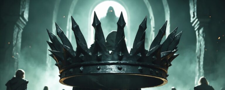 Eine gewaltige, dornenbewehrte Krone wird durch einen nebligen, gotischen Thronsaal getragen. Dunkle Gestalten mit Fackeln umgeben den Träger, im Hintergrund deutet sich Saurons Silhouette an – Staffel 3 von Ringe der Macht kündigt sich an.