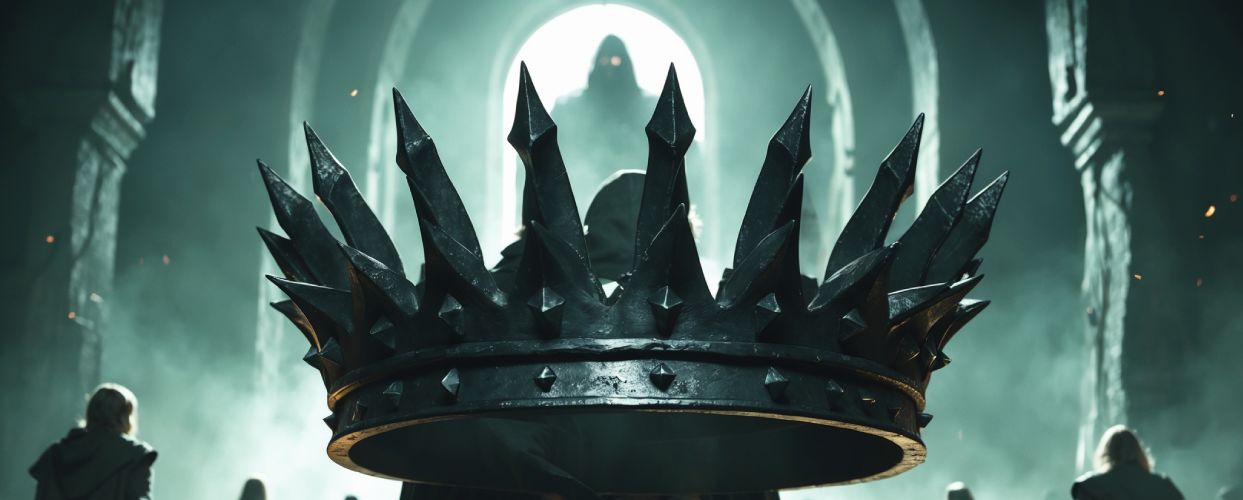 Eine gewaltige, dornenbewehrte Krone wird durch einen nebligen, gotischen Thronsaal getragen. Dunkle Gestalten mit Fackeln umgeben den Träger, im Hintergrund deutet sich Saurons Silhouette an – Staffel 3 von Ringe der Macht kündigt sich an.
