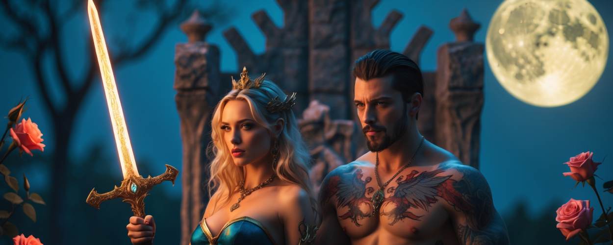 Ein überinszeniertes Fantasy-Paar vor einem zerfallenen Thron: Sie mit Krone und flammendem Schwert, er oberkörperfrei mit Drachen-Tattoos. Im Hintergrund leuchten Mond und Rosen – visuelles Best-of der modernen Romantasy-Klischees.