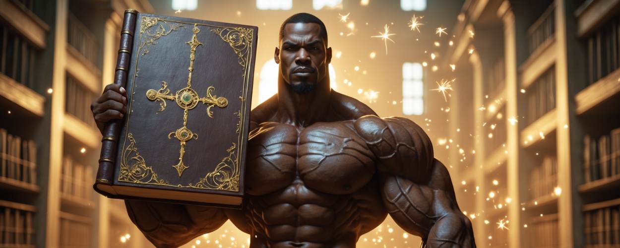 Ein muskulöser Fantasy-Krieger in einer magischen Bibliothek hebt ein gigantisches Zauberbuch wie eine Hantel. Goldene Runen schweben durch die Luft – Symbol für die „Fitness“ der Vorstellungskraft.