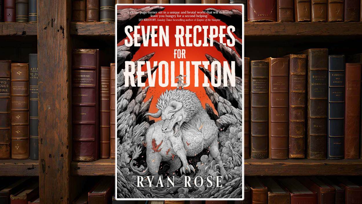 Das dramatisch illustrierte Cover von Seven Recipes for Revolution zeigt ein bedrohliches Monsterwesen mit Hörnern vor einem feuerroten Hintergrund – Symbol für eine kulinarische Rebellion in der Fantasywelt.