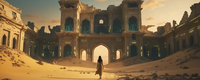 Eine Frau in einem goldenen Kleid wandert durch die endlosen Dünen einer Wüste auf einen halb versandeten, verfallenen Palast zu. Die Ruine wirkt einst großartig, doch ihre Wände leuchten nur noch schwach vor digitalem Restzauber. Ein Sinnbild für verlorene Visionen – und gescheiterte Fantasyträume.