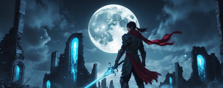Protagonist Jin-woo steht mit leuchtendem Schwert in einer dunklen Fantasy-Stadt, bereit zum Kampf