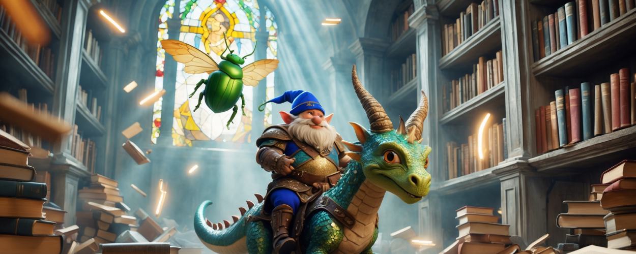 Ein selbstzufriedener Zwerg in glitzernder Rüstung reitet einen Baby-Drachen durch eine zerstörte Fantasy-Bibliothek, während ein fliegender Skarabäus mit Hexenhut ein Buch liest. Im Hintergrund leuchtet ein kitschiges Kirchenfenster mit Fantasy-Klischees.