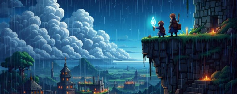 Two young pixel-art heroes on a stormy cliff, holding a glowing relic, overlooking a medieval city with candlelit towers in the rain – moody 2.5D RPG style.