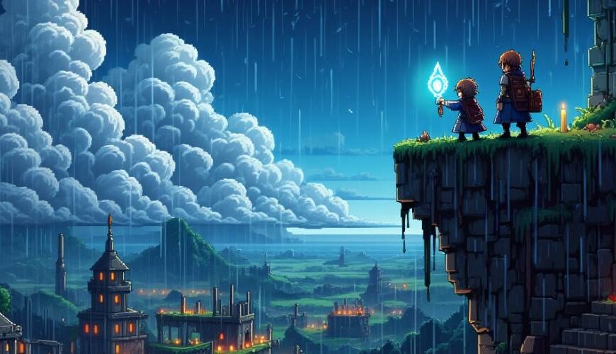 Two young pixel-art heroes on a stormy cliff, holding a glowing relic, overlooking a medieval city with candlelit towers in the rain – moody 2.5D RPG style.