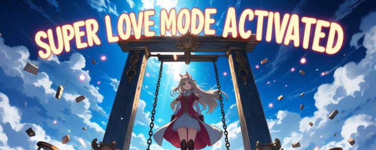 Anime-Szene: Eine junge Adlige steht selbstbewusst unter einem hölzernen Richtblock, darüber leuchtet in rosa Lettern „Super Love Mode Activated“, während Sanduhren und Trümmer durch die Luft wirbeln.